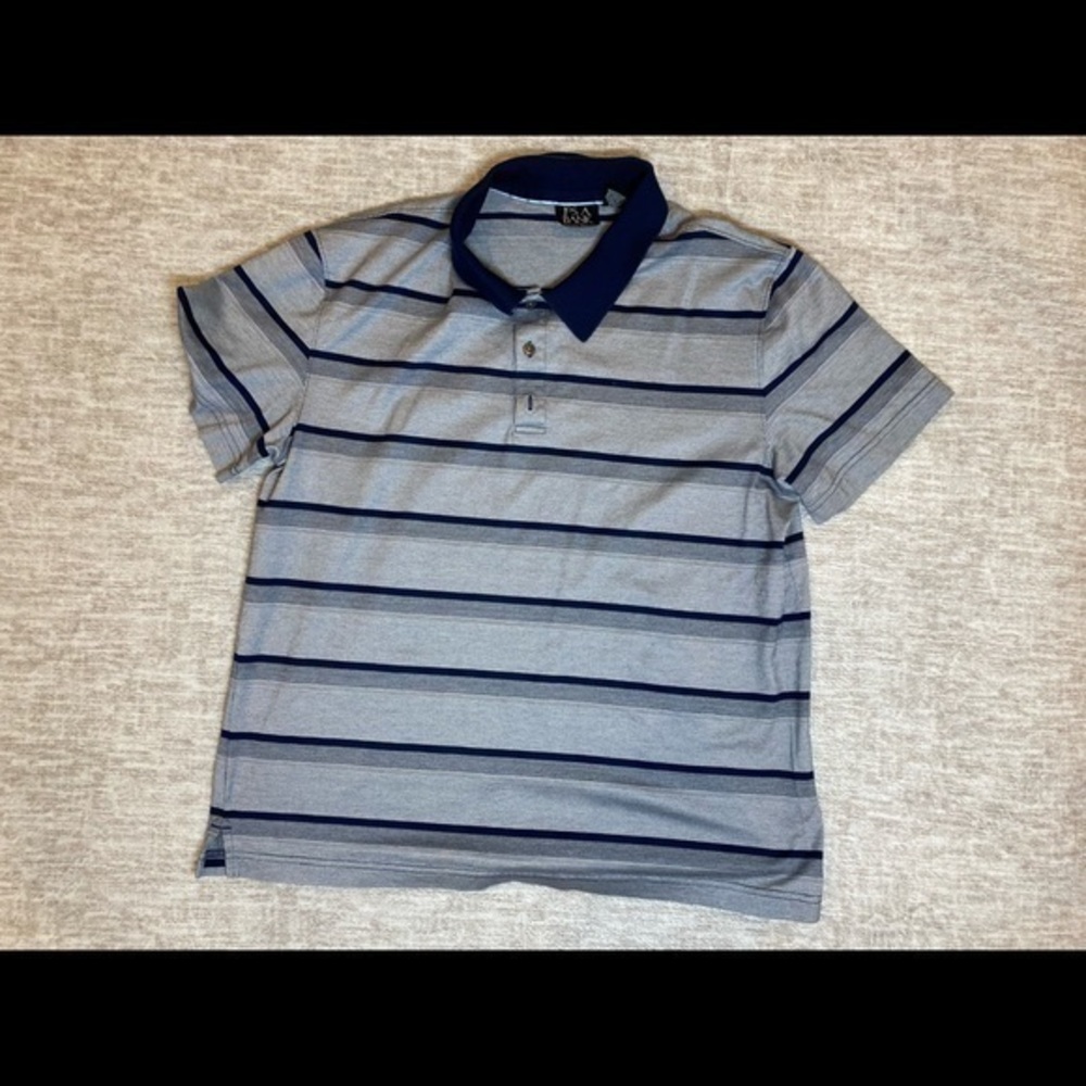 Jos. A. Bank gray and blue stripe short sleeve polyester polo shirt size XL